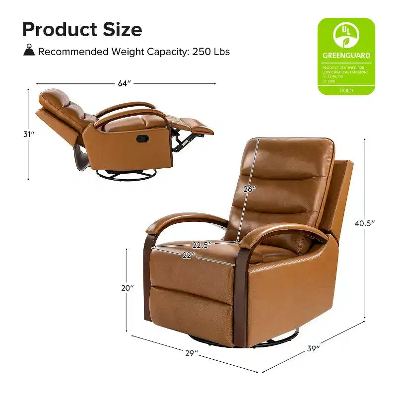Fauteuil inclinable manuel pivotant et basculant en cuir véritable Clemens avec accoudoirs incurvés décoratifs, lot de 2 | ART OF LIVING DESIGNS