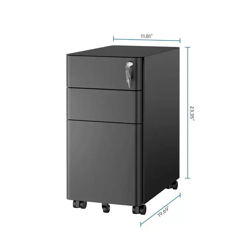 Mount-It! Meuble de rangement mobile à 3 tiroirs avec serrure | Design fin sous le bureau pour dossiers, chemises et fournitures de bureau | Noir