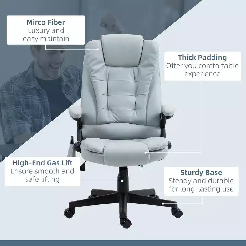 Fauteuil de bureau massant HOMCOM 6 points vibrant avec fonction chauffante, dossier haut en microfibre, inclinaison et accoudoirs