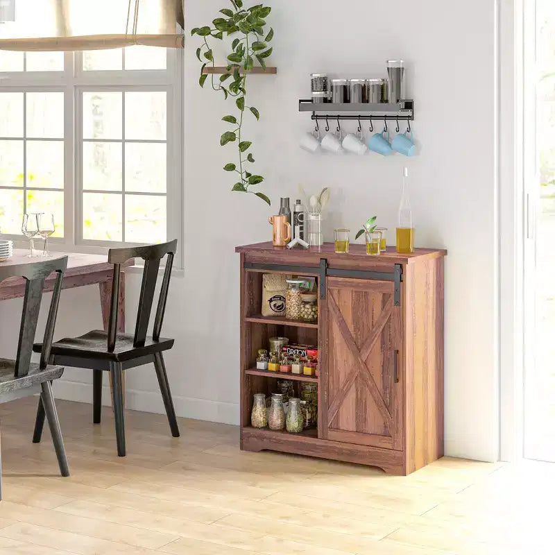 Meuble de bar à café de ferme HOMCOM, buffet de 84 cm avec porte coulissante de grange et étagère réglable, meuble buffet de cuisine