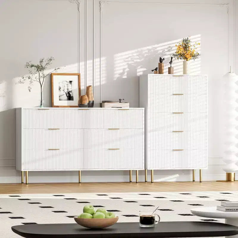 Commode 5 tiroirs blanc / marbre et bois – Panneau cannelé, pour usage individuel