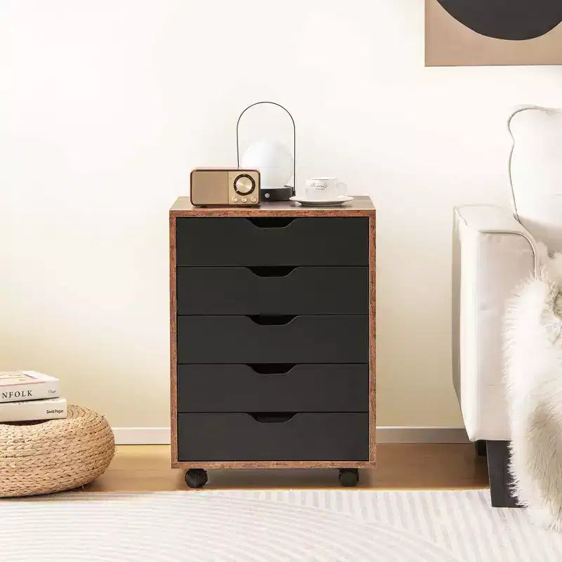 Commode de rangement à 5 tiroirs Costway, meuble bas de rangement avec roulettes, marron rustique