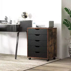Commode de rangement à 5 tiroirs Costway, meuble bas de rangement avec roulettes, marron rustique