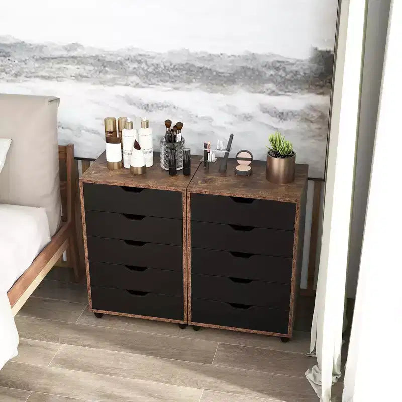 Commode de rangement à 5 tiroirs Costway, meuble bas de rangement avec roulettes, marron rustique