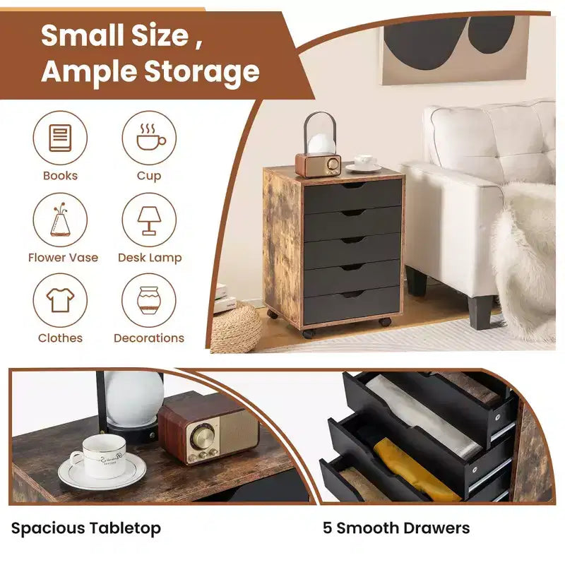Commode de rangement à 5 tiroirs Costway, meuble bas de rangement avec roulettes, marron rustique