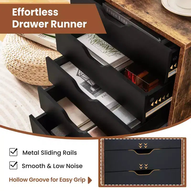 Commode de rangement à 5 tiroirs Costway, meuble bas de rangement avec roulettes, marron rustique