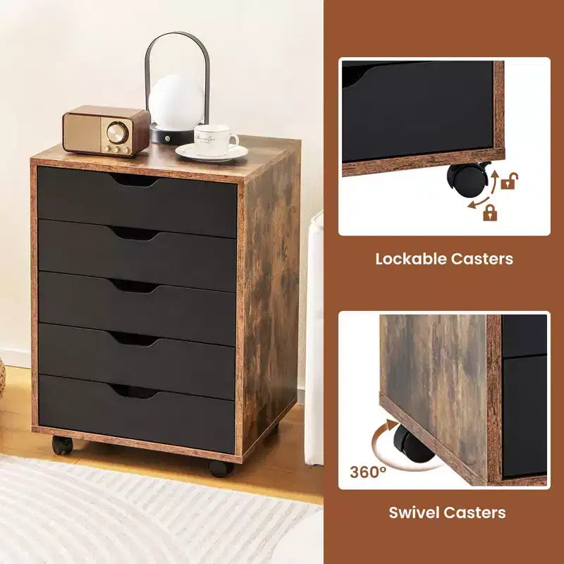 Commode de rangement à 5 tiroirs Costway, meuble bas de rangement avec roulettes, marron rustique