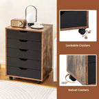 Commode de rangement à 5 tiroirs Costway, meuble bas de rangement avec roulettes, marron rustique