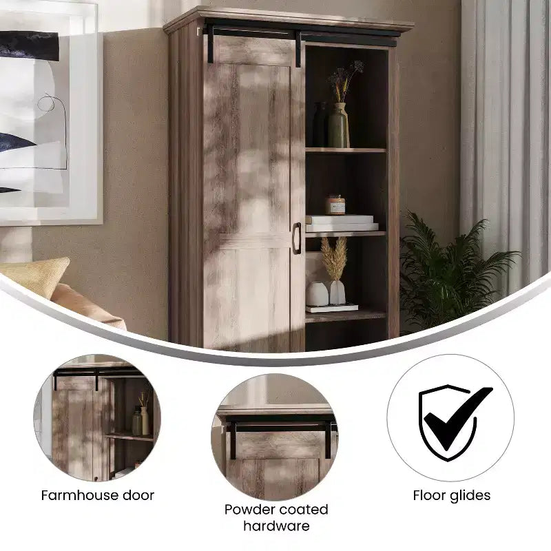 Flash Furniture Harrison Armoire/bibliothèque rustique de style campagnard avec porte de grange coulissante et étagères réglables