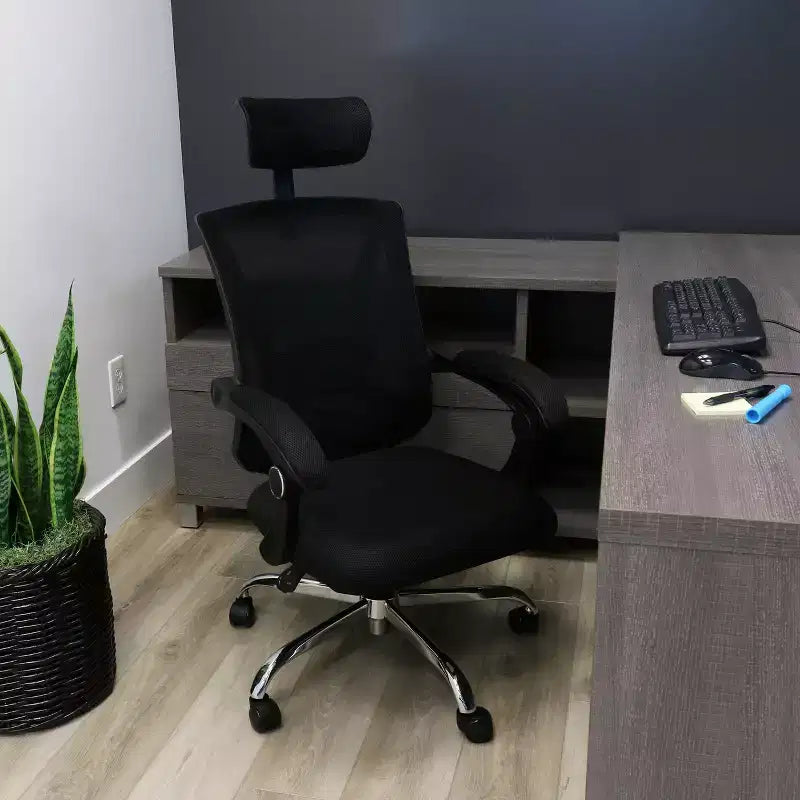Chaise de bureau Elama Full Back en maille réglable avec appui-tête, noire