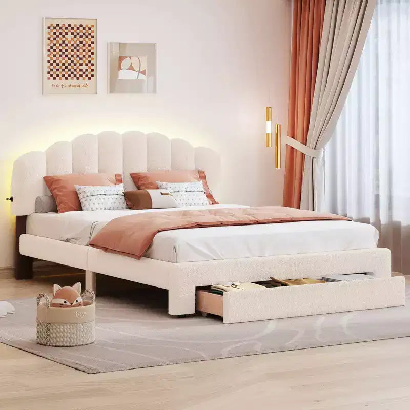 Queen Size Upholstered Teddy Fleece Platform Bed with USB Ports and Drawer-ModernLuxe