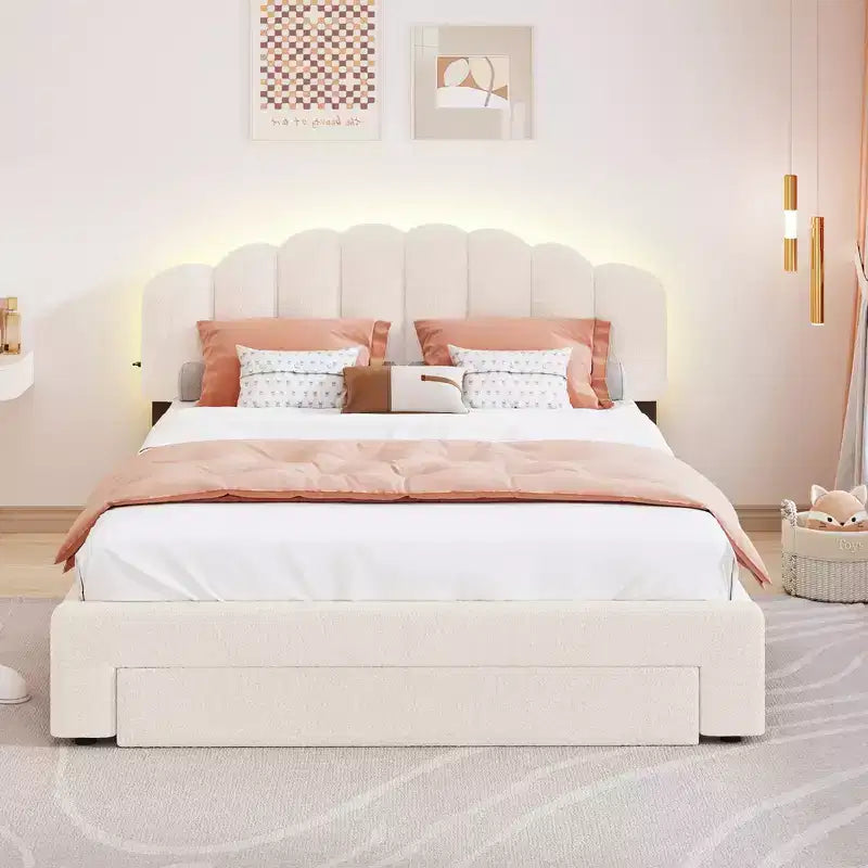 Lit plateforme rembourré en molleton d'ours en peluche Queen Size avec ports USB et tiroir-ModernLuxe