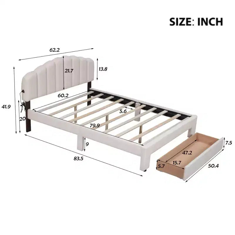 Lit plateforme rembourré en molleton d'ours en peluche Queen Size avec ports USB et tiroir-ModernLuxe