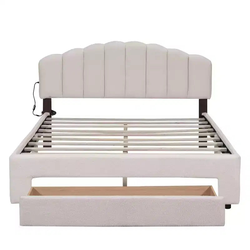 Lit plateforme rembourré en molleton d'ours en peluche Queen Size avec ports USB et tiroir-ModernLuxe