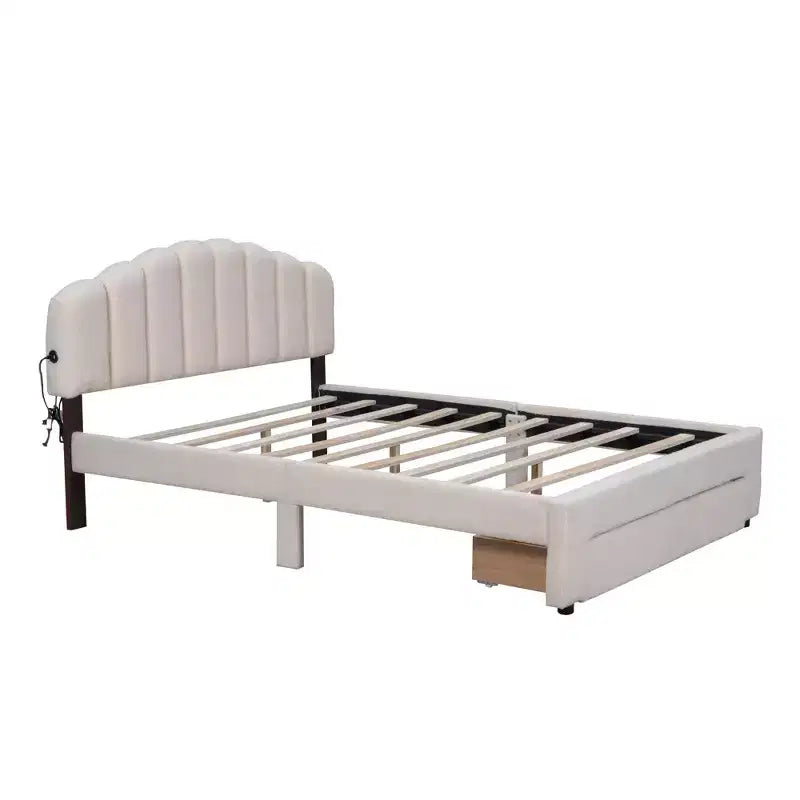 Lit plateforme rembourré en molleton d'ours en peluche Queen Size avec ports USB et tiroir-ModernLuxe