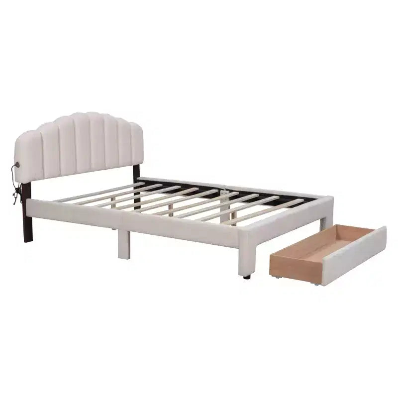 Lit plateforme rembourré en molleton d'ours en peluche Queen Size avec ports USB et tiroir-ModernLuxe