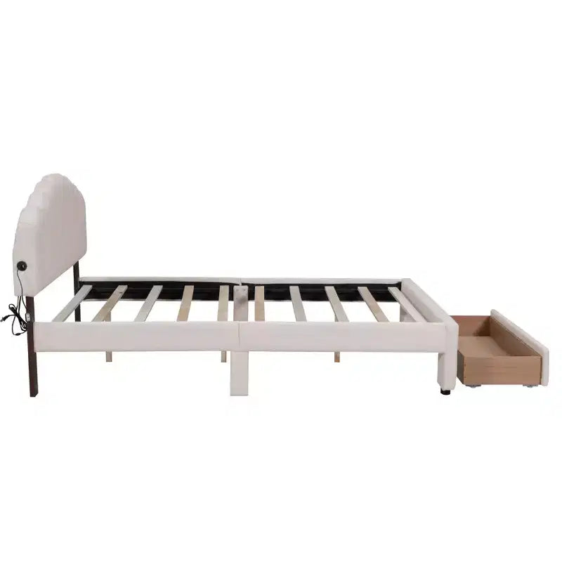 Lit plateforme rembourré en molleton d'ours en peluche Queen Size avec ports USB et tiroir-ModernLuxe