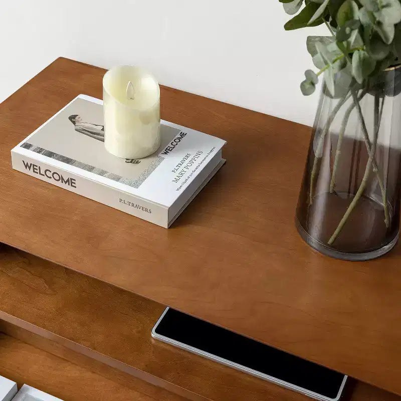 Margery Table d'appoint Moderne Mid-century à 2 Tiroirs avec Prises Intégrées, Gestion des Câbles et Étagère Ouverte | HULALA HOME