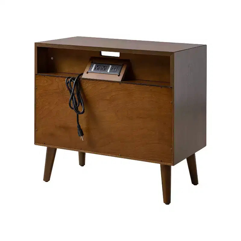 Margery Table d'appoint Moderne Mid-century à 2 Tiroirs avec Prises Intégrées, Gestion des Câbles et Étagère Ouverte | HULALA HOME