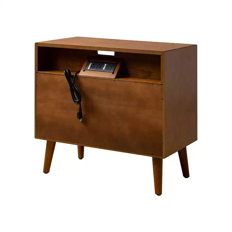Margery Table d'appoint Moderne Mid-century à 2 Tiroirs avec Prises Intégrées, Gestion des Câbles et Étagère Ouverte | HULALA HOME
