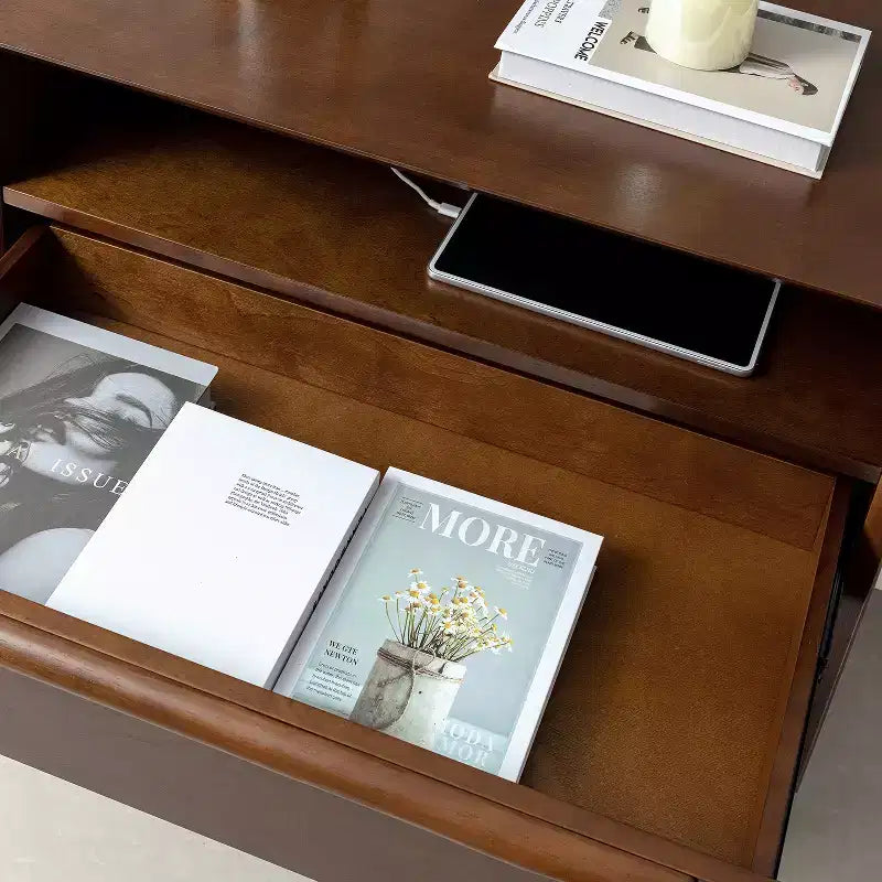 Margery Table d'appoint Moderne Mid-century à 2 Tiroirs avec Prises Intégrées, Gestion des Câbles et Étagère Ouverte | HULALA HOME