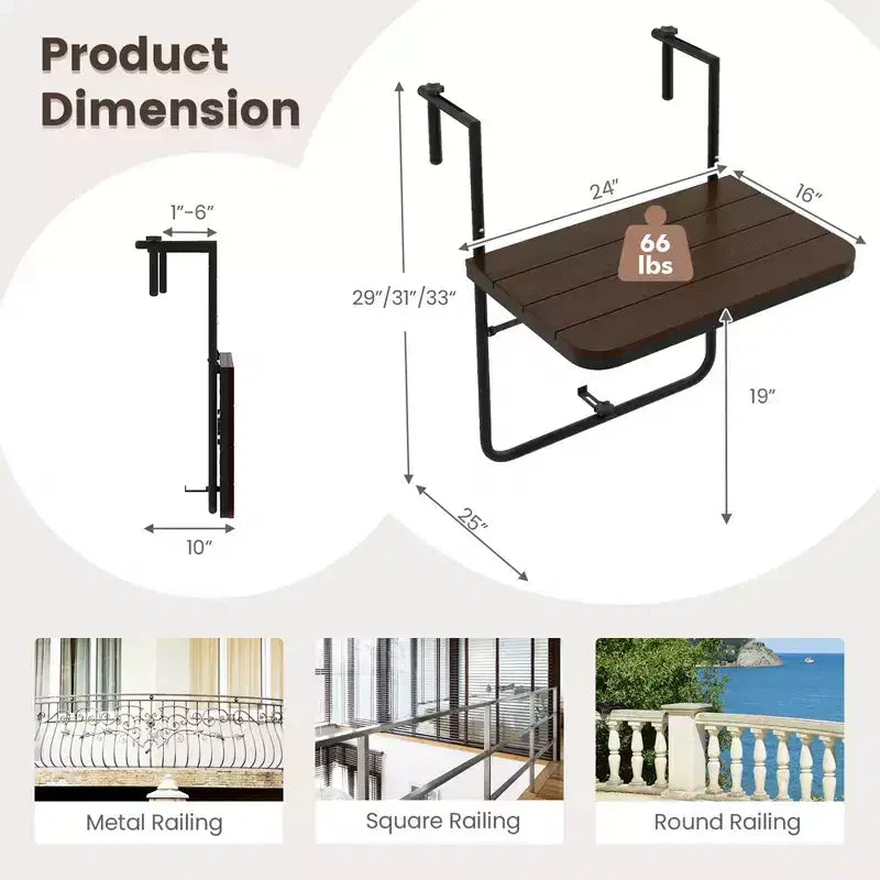 Table pliante suspendue Costway avec hauteur réglable sur 3 niveaux pour balcon