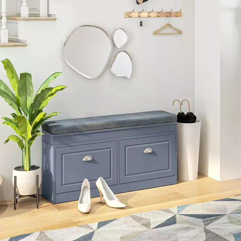 HOMCOM Banc à chaussures moderne pour entrée, organiseur de rangement avec coussin, 2 tiroirs, étagère réglable, contient 8 paires