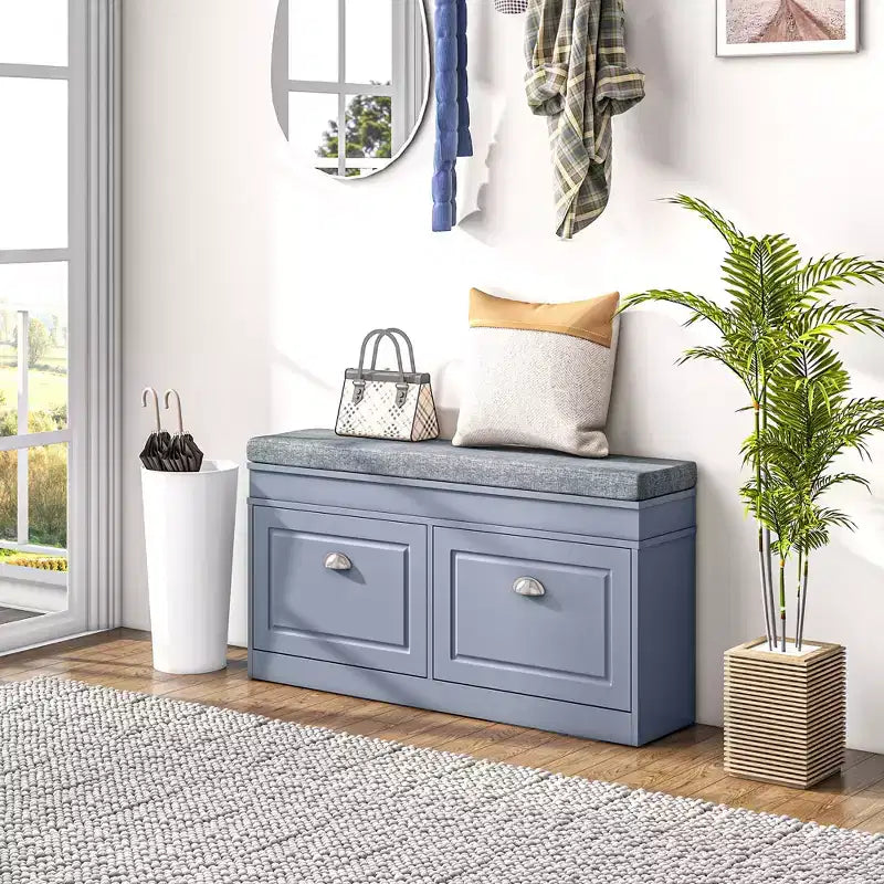 HOMCOM Banc à chaussures moderne pour entrée, organiseur de rangement avec coussin, 2 tiroirs, étagère réglable, contient 8 paires