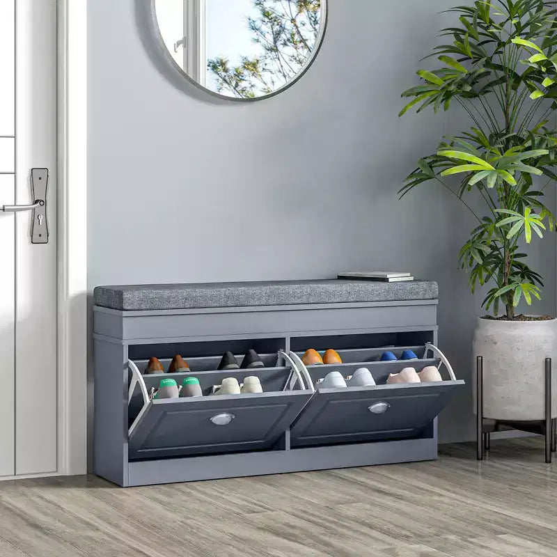 HOMCOM Banc à chaussures moderne pour entrée, organiseur de rangement avec coussin, 2 tiroirs, étagère réglable, contient 8 paires