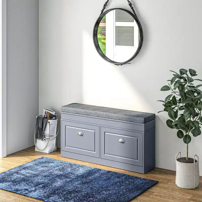 HOMCOM Banc à chaussures moderne pour entrée, organiseur de rangement avec coussin, 2 tiroirs, étagère réglable, contient 8 paires