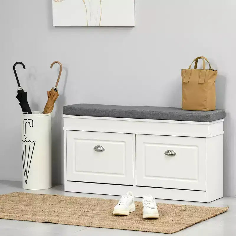HOMCOM Banc à chaussures moderne pour entrée, organiseur de rangement avec coussin, 2 tiroirs, étagère réglable, contient 8 paires