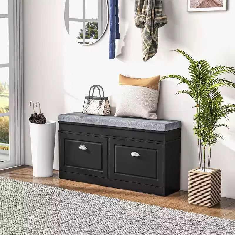 HOMCOM Banc à chaussures moderne pour entrée, organiseur de rangement avec coussin, 2 tiroirs, étagère réglable, contient 8 paires