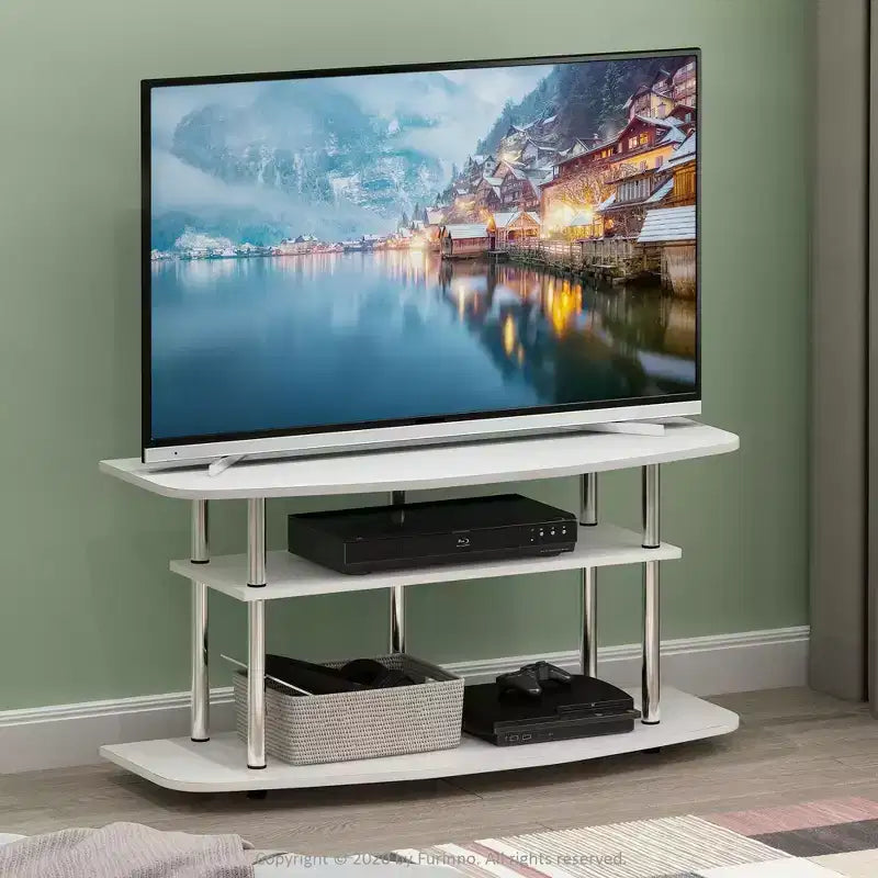 Furinno Meuble TV 3 niveaux sans outils, meuble de divertissement pouvant accueillir un téléviseur de 46 pouces, chêne blanc