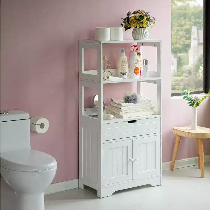 Meuble de rangement haut sur pied en bois avec 2 étagères ouvertes, un tiroir et un placard à 2 portes, blanc