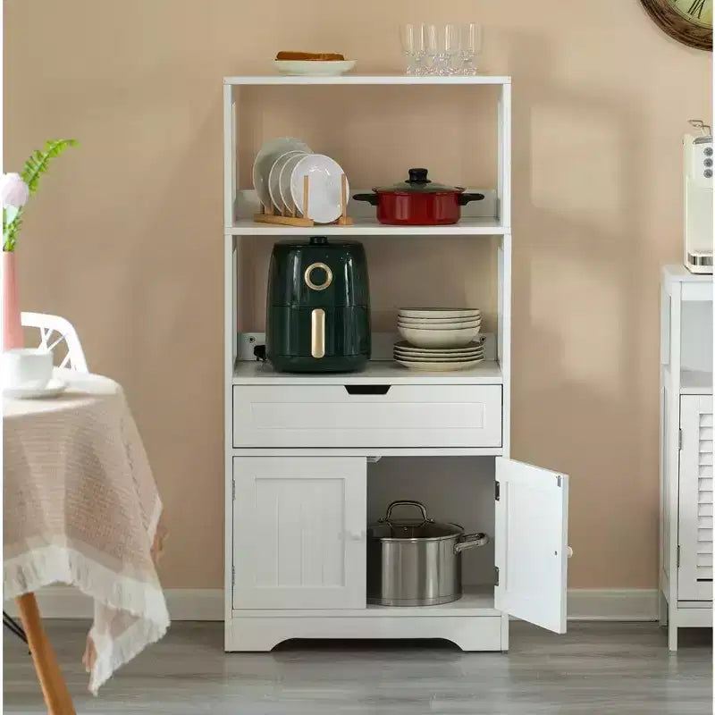 Meuble de rangement haut sur pied en bois avec 2 étagères ouvertes, un tiroir et un placard à 2 portes, blanc