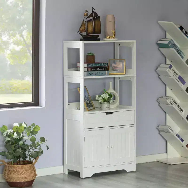 Meuble de rangement haut sur pied en bois avec 2 étagères ouvertes, un tiroir et un placard à 2 portes, blanc