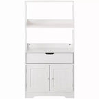 Meuble de rangement haut sur pied en bois avec 2 étagères ouvertes, un tiroir et un placard à 2 portes, blanc