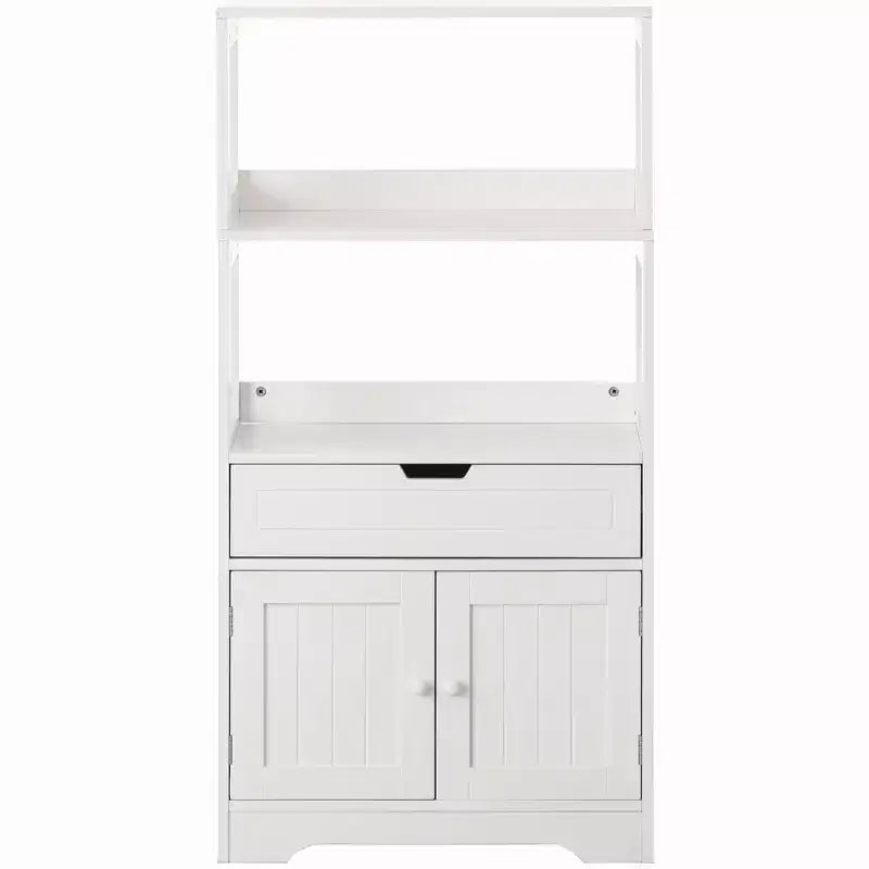 Meuble de rangement haut sur pied en bois avec 2 étagères ouvertes, un tiroir et un placard à 2 portes, blanc