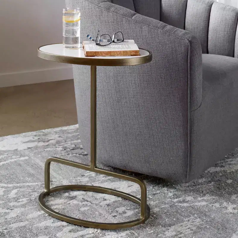 Table d'appoint ovale Uttermost Glam Luxury en fer, 18 x 12, doré antique, plateau en marbre blanc adouci pour salon, chambre, entrée