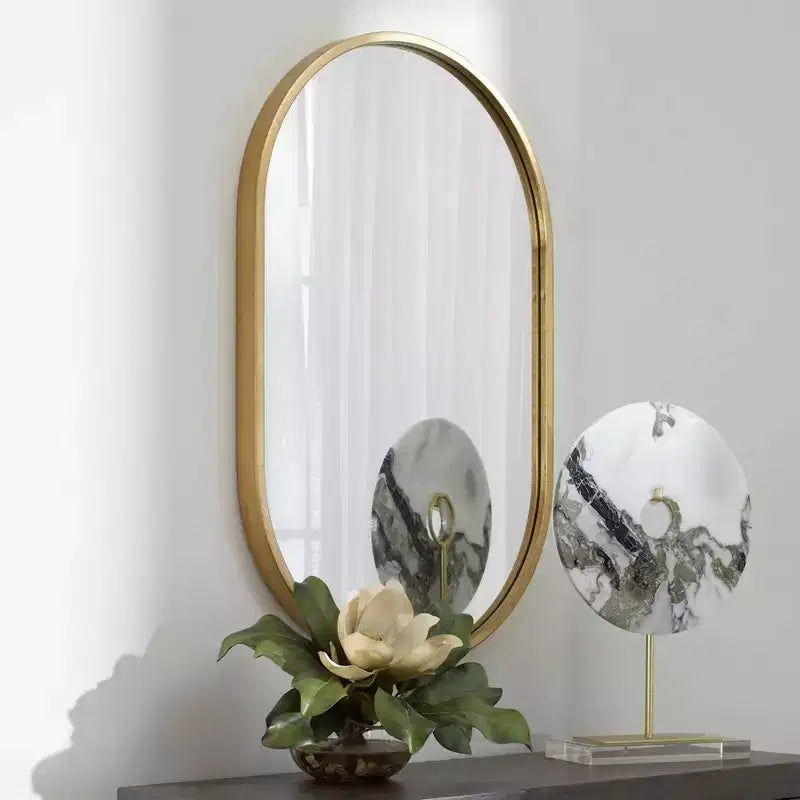 Miroir mural décoratif ovale Uttermost, cadre en fer feuille d'or antique, 51 cm de large, pour salle de bain, chambre, salon, maison, bureau