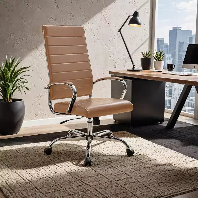 Chaise de bureau LeisureMod Benmar en cuir côtelé à dossier haut - Chaise de bureau exécutive moderne pivotante et inclinable - Base chromée