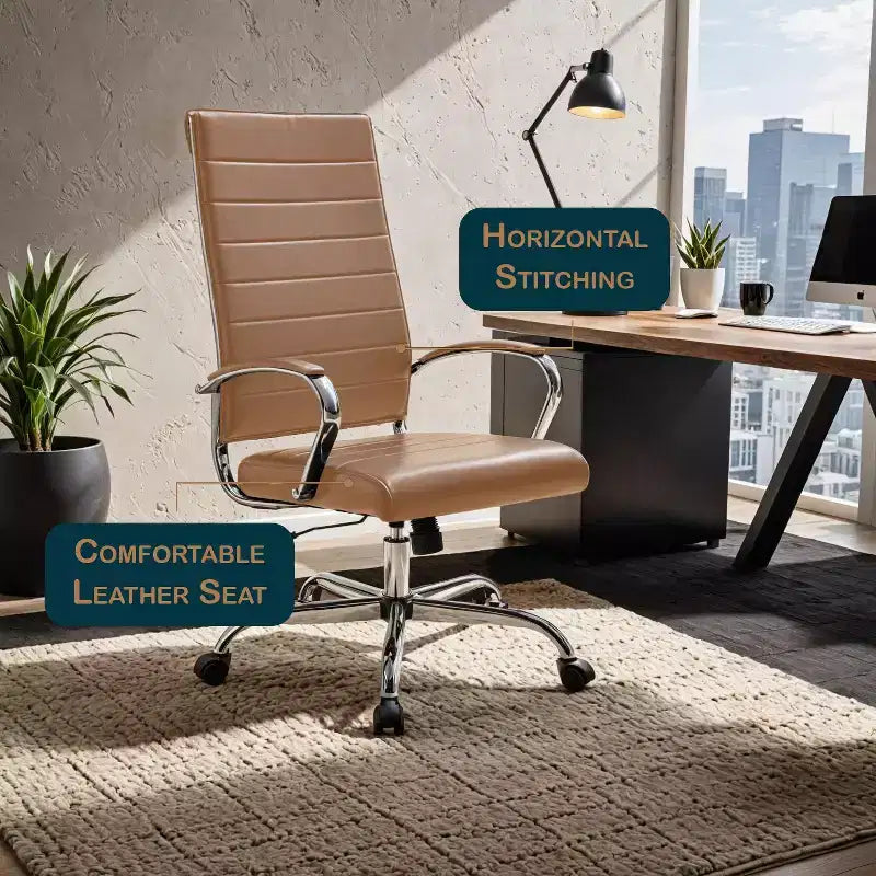 Chaise de bureau LeisureMod Benmar en cuir côtelé à dossier haut - Chaise de bureau exécutive moderne pivotante et inclinable - Base chromée