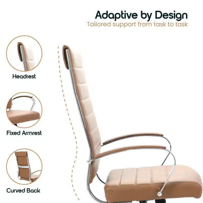 Chaise de bureau LeisureMod Benmar en cuir côtelé à dossier haut - Chaise de bureau exécutive moderne pivotante et inclinable - Base chromée