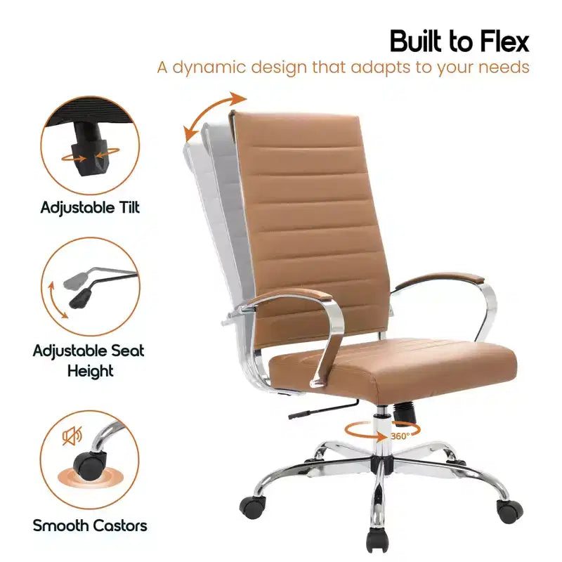 Chaise de bureau LeisureMod Benmar en cuir côtelé à dossier haut - Chaise de bureau exécutive moderne pivotante et inclinable - Base chromée