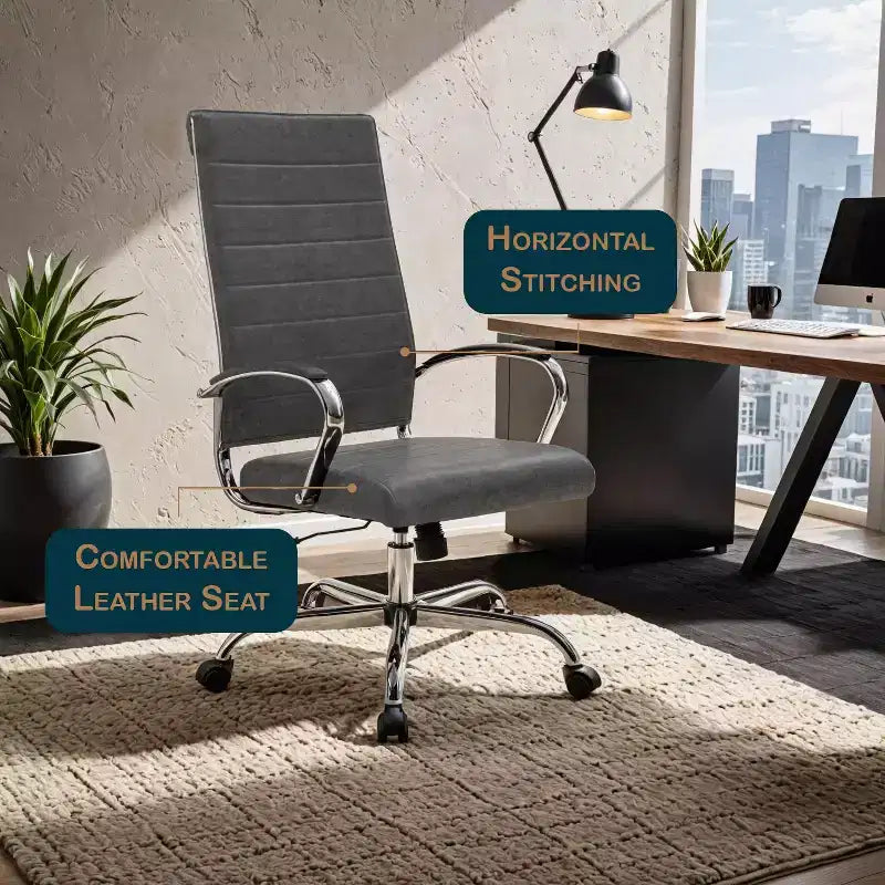 Chaise de bureau LeisureMod Benmar en cuir côtelé à dossier haut - Chaise de bureau exécutive moderne pivotante et inclinable - Base chromée