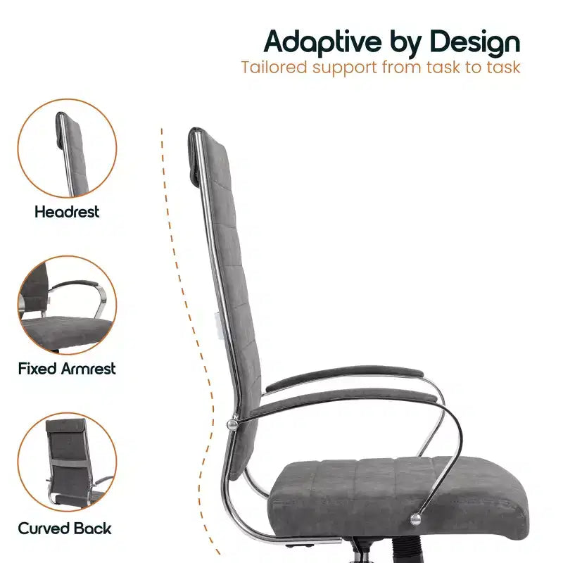 Chaise de bureau LeisureMod Benmar en cuir côtelé à dossier haut - Chaise de bureau exécutive moderne pivotante et inclinable - Base chromée