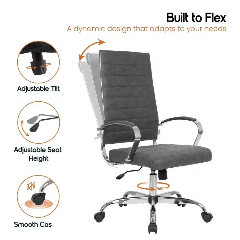 Chaise de bureau LeisureMod Benmar en cuir côtelé à dossier haut - Chaise de bureau exécutive moderne pivotante et inclinable - Base chromée