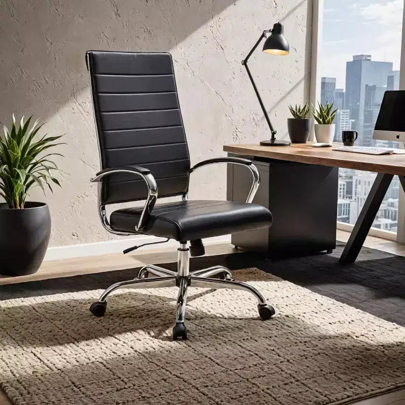 Chaise de bureau LeisureMod Benmar en cuir côtelé à dossier haut - Chaise de bureau exécutive moderne pivotante et inclinable - Base chromée