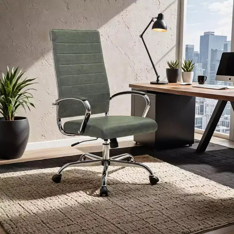 Chaise de bureau LeisureMod Benmar en cuir côtelé à dossier haut - Chaise de bureau exécutive moderne pivotante et inclinable - Base chromée