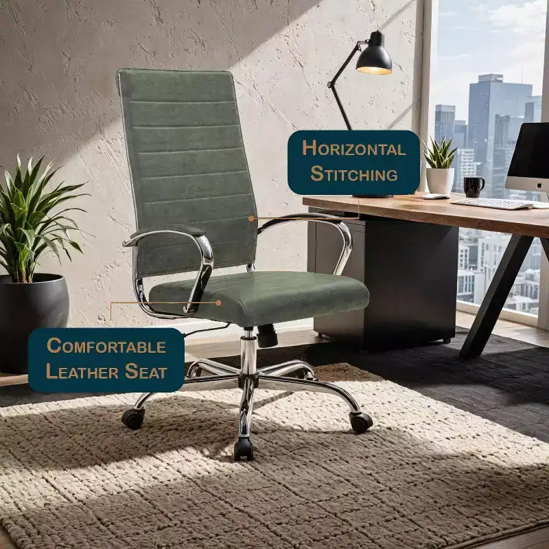 Chaise de bureau LeisureMod Benmar en cuir côtelé à dossier haut - Chaise de bureau exécutive moderne pivotante et inclinable - Base chromée